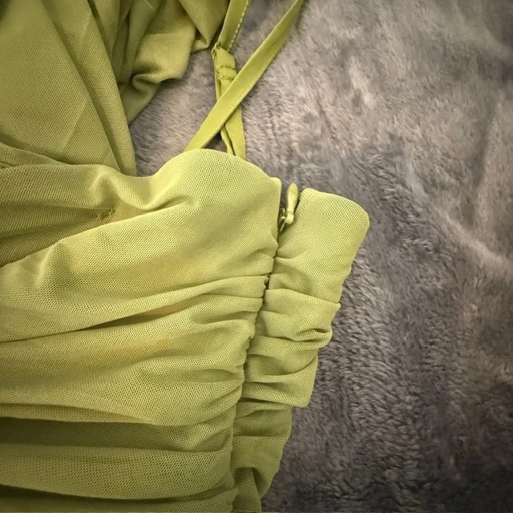 Abercrombie & Fitch Ruched Mesh Maxi Dress Avocado Green Medium Tall